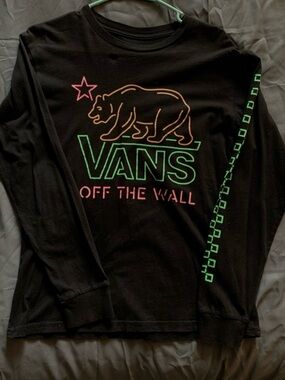 Vans Black Long Sleeve Tee with Neon Green & Pink Bear Graphic